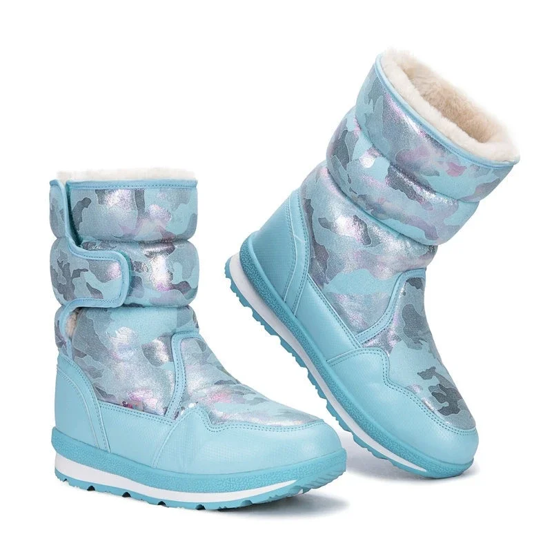 Camouflage Army Green Winter Warm Plush Children\'s Snow Boots Non-slip Waterproof Ski Girls\' Long Boots Family Matching Shoes