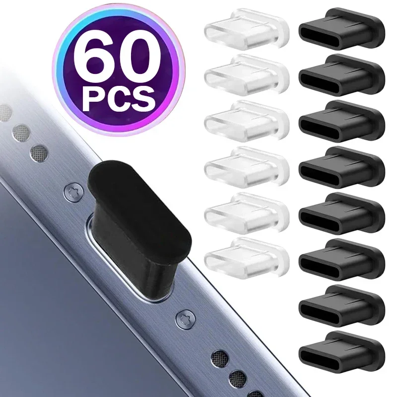 60/40/20/1PCS USB C Dust Plug Clear/Black Cellphone Type C Anti-dust Plugs Silicone Charging Port Protector Caps for IPhone 15