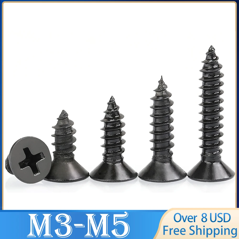 100pcs M3 M3.5 M4 M5 Black Carbon Steel Cross Phillips Flat Countersunk Head Self-tapping Mini Screw Electrical/ Wood Use