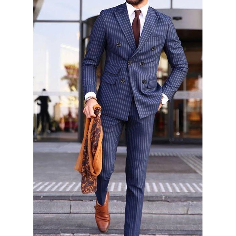 

Blue Vertical stripes Mens Suits for Formal Office Style 2 Pieces Set Clothing Tuxedo Business Jacket+Pants Custom Made