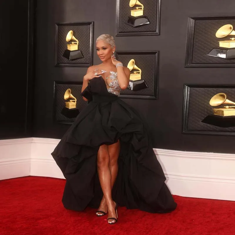 

Black Strapless Sliver Appliques Prom Gowns Puffy A-line Hi Low Ruffled Satin Evening Dress Sheer Necklines Mesh Celebrity Dress