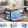 40" Lift Top Coffee Table, 4 in 1 White Coffee Tables with Storage for Living Room,Small Coffee Table with 2 Drawers & LED Light 1
