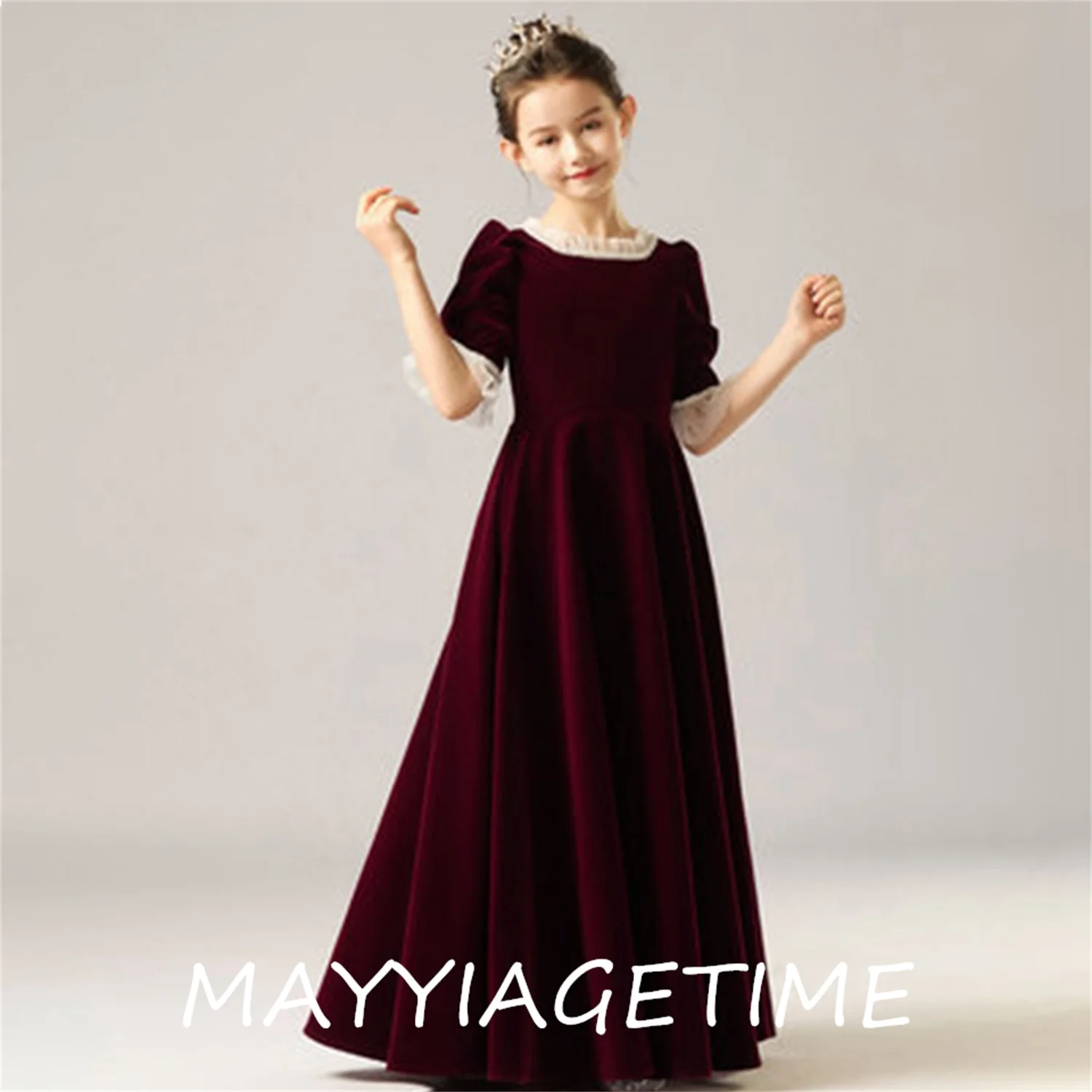 

High Quality Customization O-Neck Short Sleeves Flower For Girl Elegant Velvet A-LINE Floor-Length Evening Dresses For Wedding