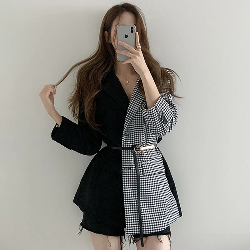 

Korean Vintage Houndstooth Plaid Splicing Suit Jacket Belt Spring Women Casual Single-breasted Lapel Long Sleeve Blazers Coat