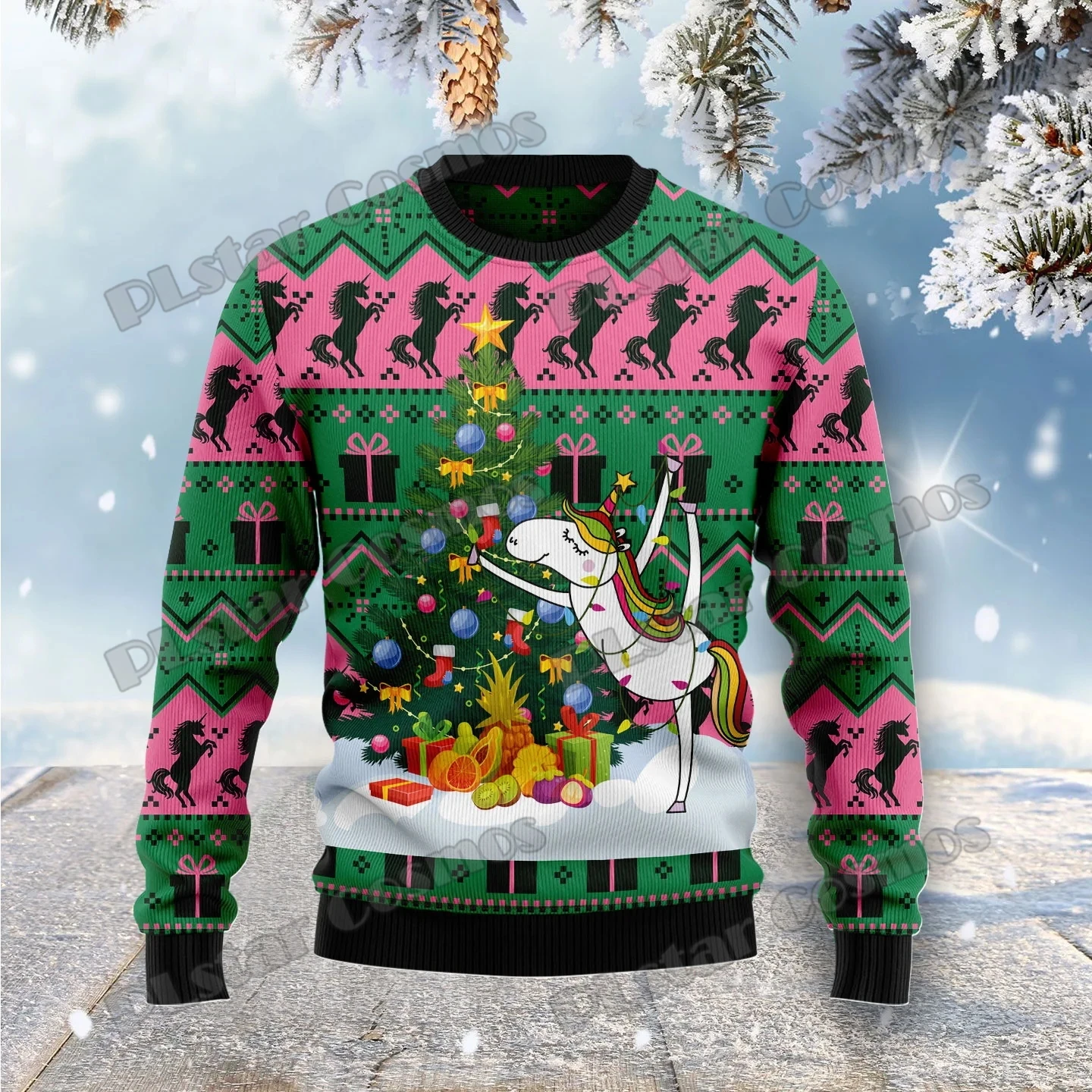 PLstar Cosmos Christmas Tree Unicorn 3D Printed Men's Ugly Christmas Sweater Winter Unisex Casual Knit Pullover Sweater ZZM33