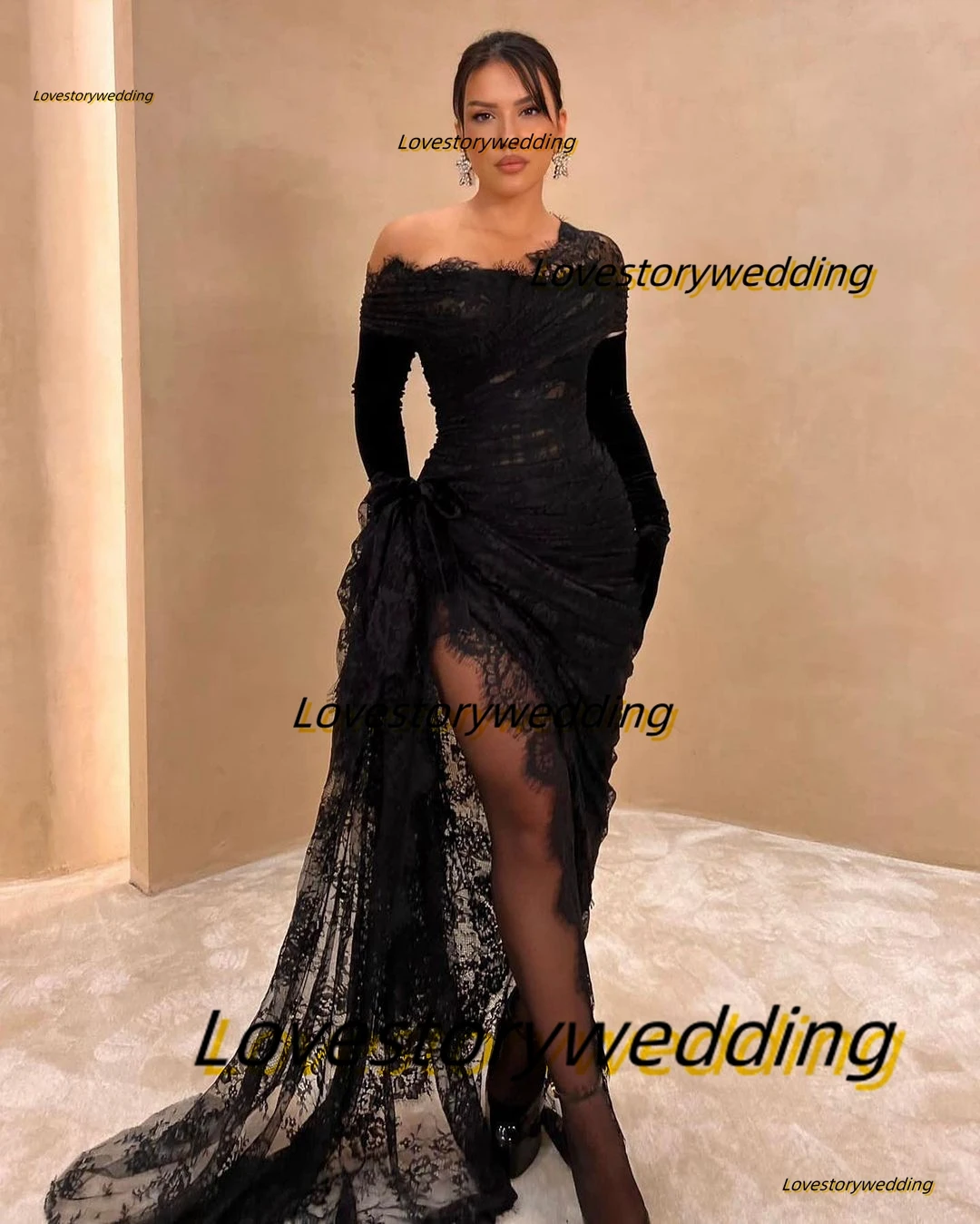 

Lovestory Black Lace Sexy Ladies Wear Prom Dresses Off Shoulder Long Sleeves Cocktail Party Evening Gowns Zipper Back Robe Des