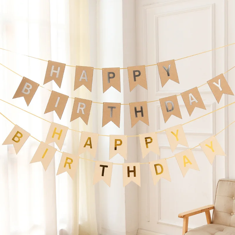 13Pcs/Set Kraft Paper Gold Happy Birthday Banners Set Fish Tail Flags For DIY Making Kids Womens Mens Birthday Party Decor Tools