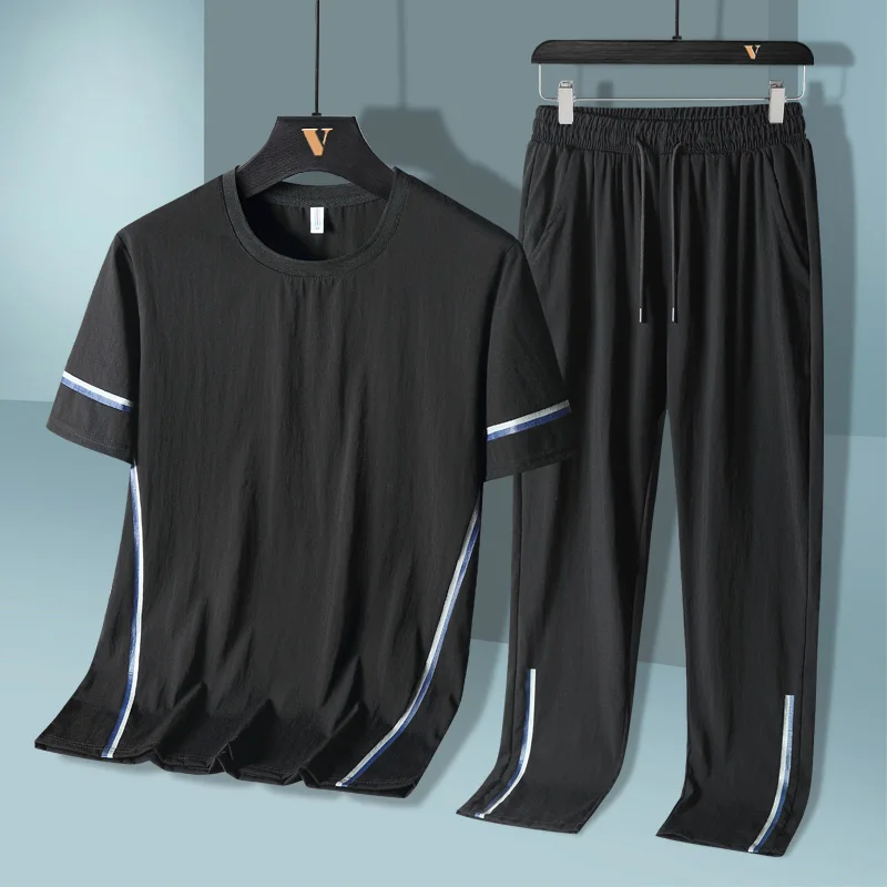 

Fashion Men 2 Piece Suit Sportswear Summer Casual O-Neck Short Sleeve T-Shirt + Sports Trousers Male Sportswear Large Size M-8XL