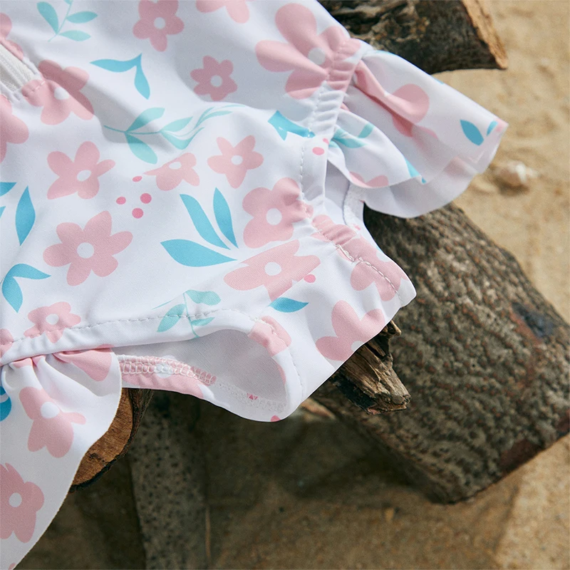 MISOWMNJOY Floral Print Kids Baby Girls Swimsuits Summer Kids Beachwear Long Sleeve Ruffle Bathing Suit Infant Swimwear with Cap 6