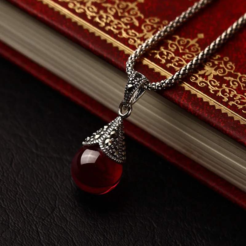 

High Quality 925 Sterling Silver Drop Shape Fashion Natural Stones Red Garnet Retro Necklace Women Jewelry fashion gift