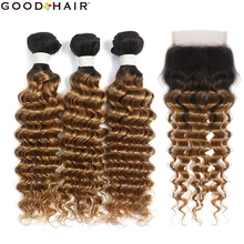

Ombre Blonde Bundles With Closure Deep Wave 3/4Pcs Weave Bundles With Lace Closure Non-Remy Hair Extensions GOODHAIR