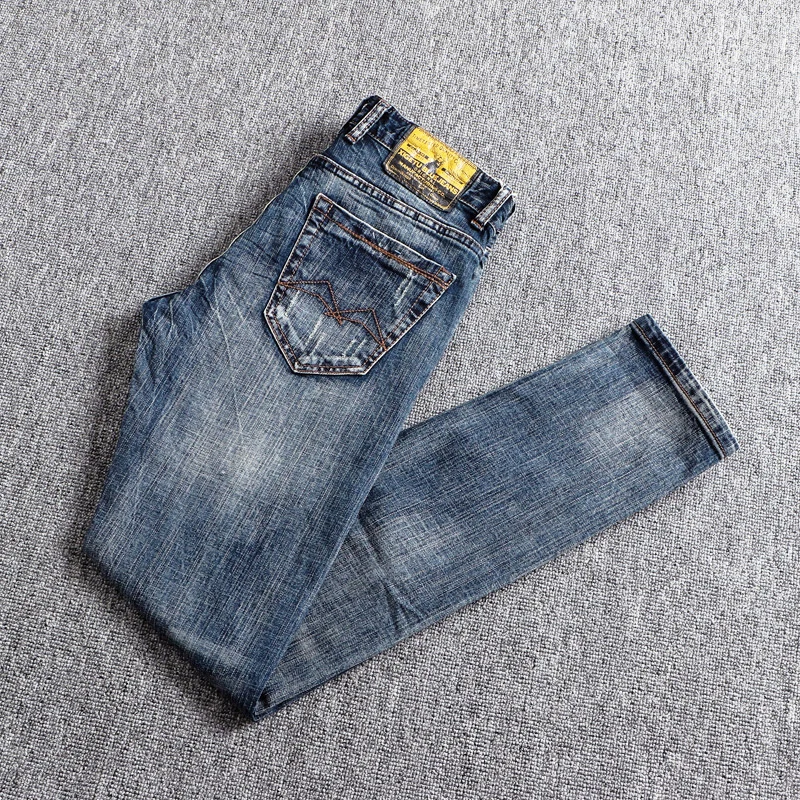 Italian Style Fashion Men Jeans Retro Blue Elastic Slim Fit Ripped Jeans Men High Quality Vintage Designer Denim Pants Hombre
