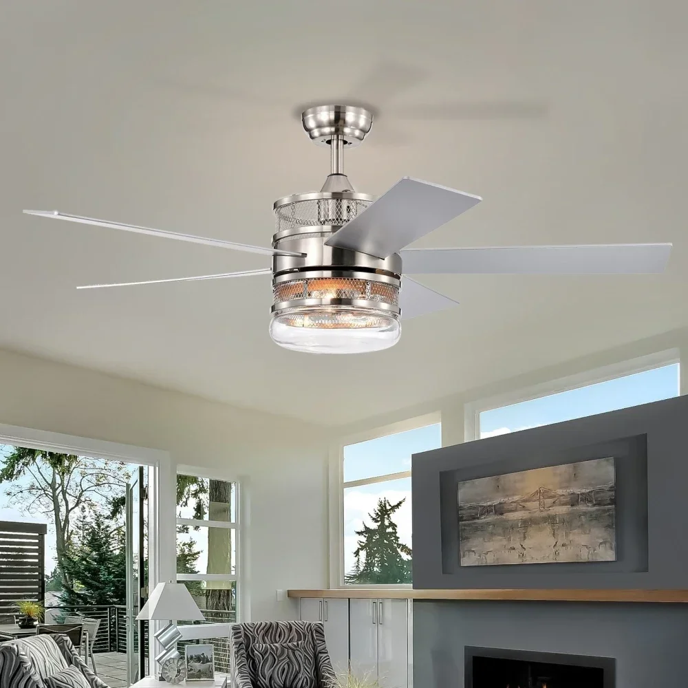 52-inch 5-blade Plywood Blades Ceiling Fan ,Dual Lamp Shade Ceiling Fan with Remote Control (Optional Remote)-Satin Nickel