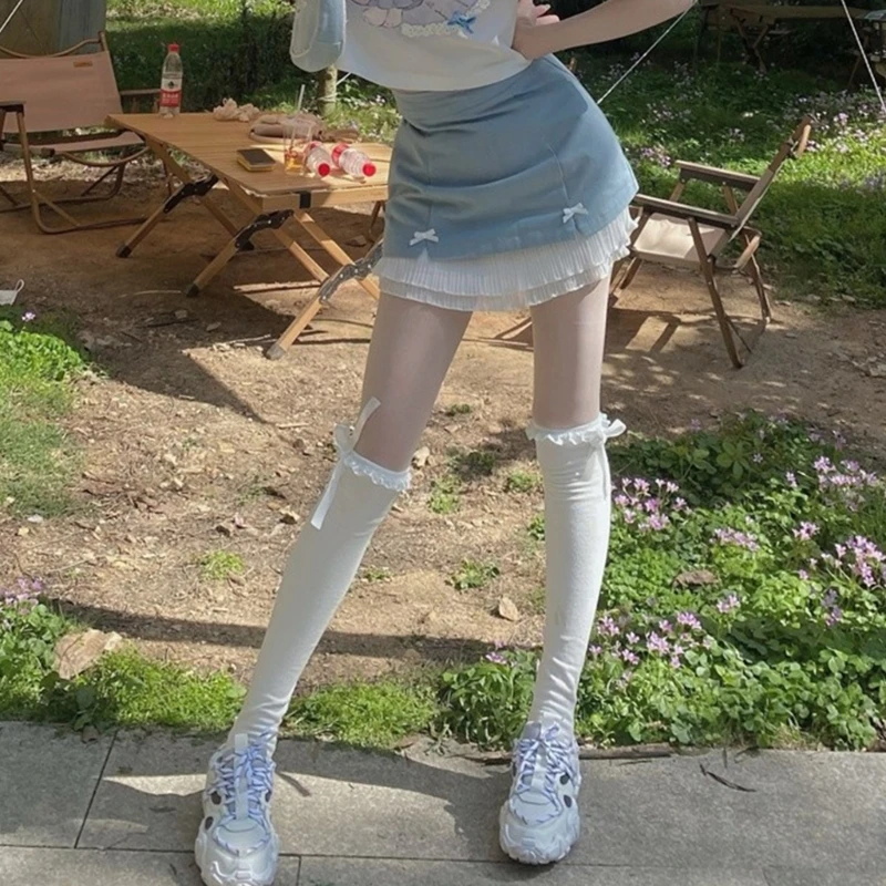 여자 여름 스타킹 발레 스타일 리본 리본 넥타이 투각 레이스 줄무늬 양말