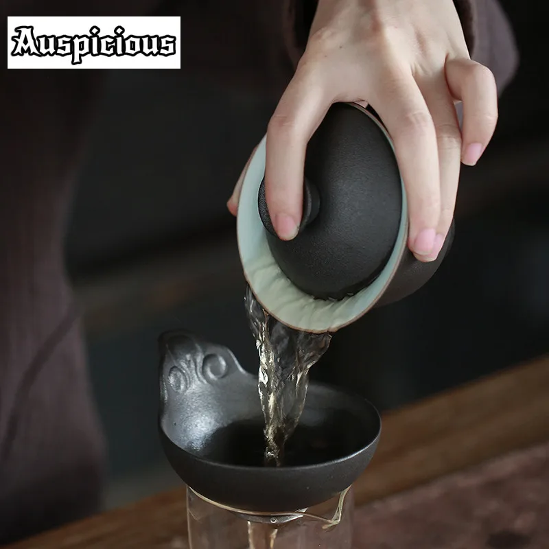 150ml Retro Black Pottery Sancai Gaiwan Ceramic Tea Cup Tea Tureen Household Kung Fu Set Ceremony Drinkware Customized