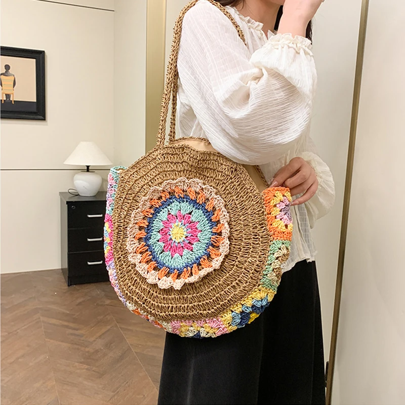 Women Fashion Woven Handbag Round Straw Woven Tote Bag
