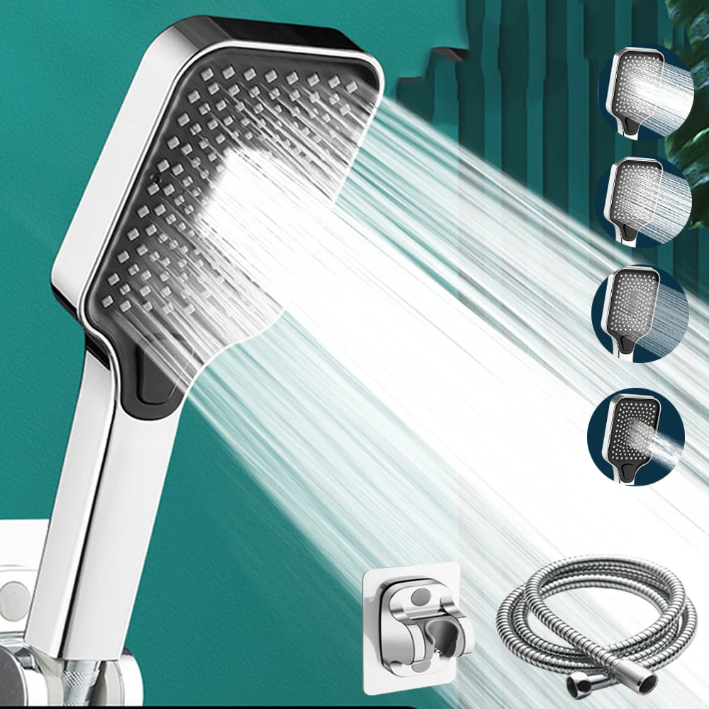 

4 Modes Large Flow High Pressure Shower Head Black Square Water Saving Spray Nozzle Massage Rainfall Shower Bathroom Accessories