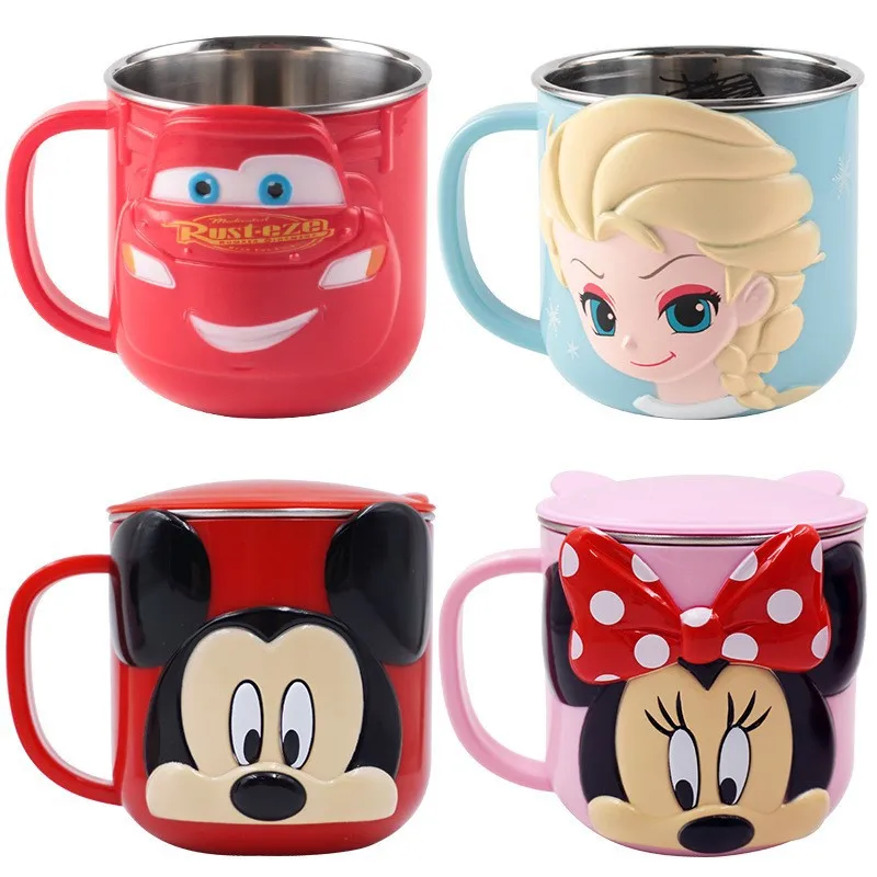 Disney-tazas de acero inoxidable de 260ml para niños, taza de café con  leche de princesa de dibujos animados, tazas térmicas desmontables de doble