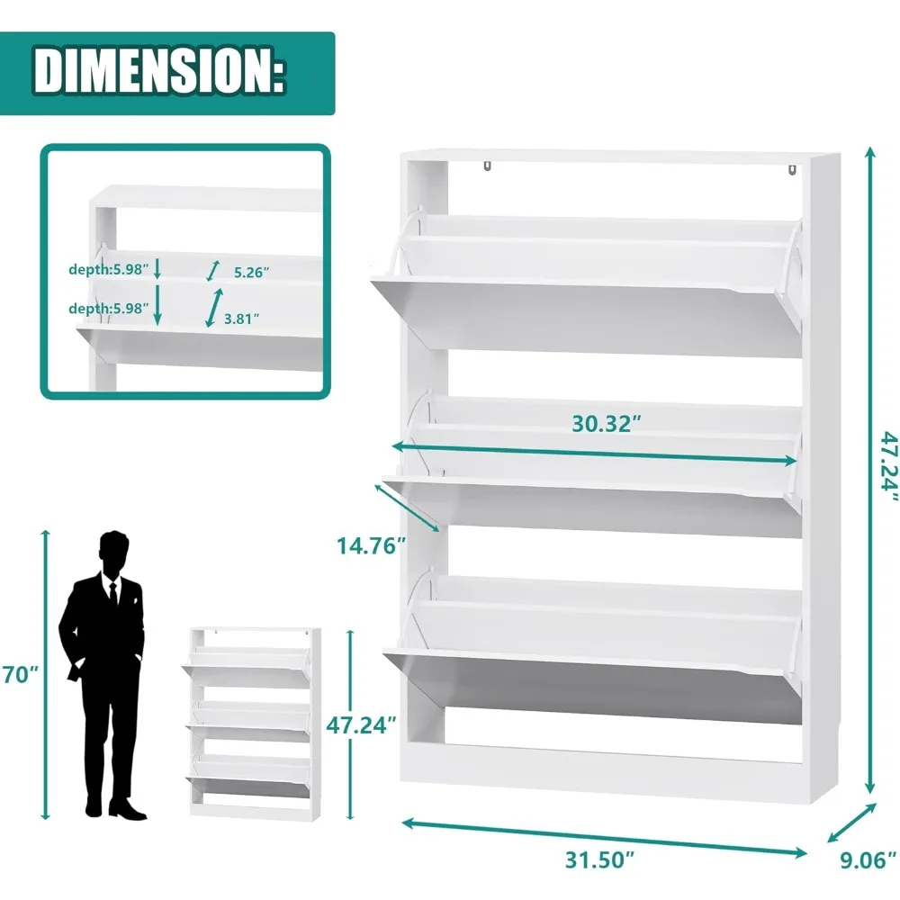 Shoe Storage Cabinet for Entryway with 3 Flip Drawers, Sturdy Wood Hidden Shoe Storage, Freestanding Narrow Slim Shoe Organizer 2