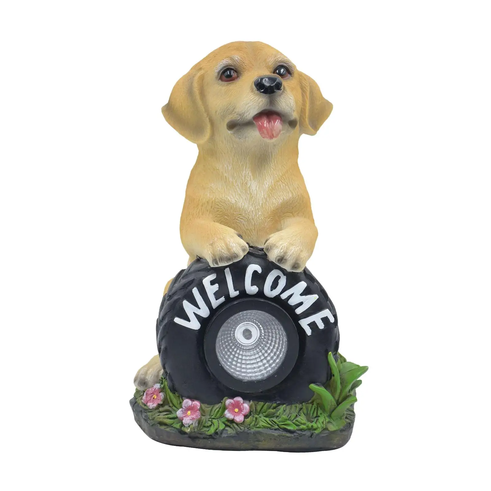 Solar Puppy Statue Ornament Solar Powered Resin Sculpture for Lawn Patio Porch Yard