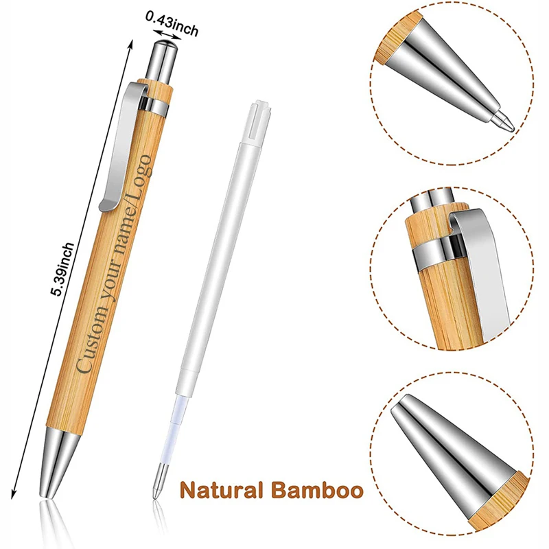 Personalized Bamboo Ballpoint Pen Custom Name Text Logo Black Ink Office School Writing Stationery Business Signature Pen