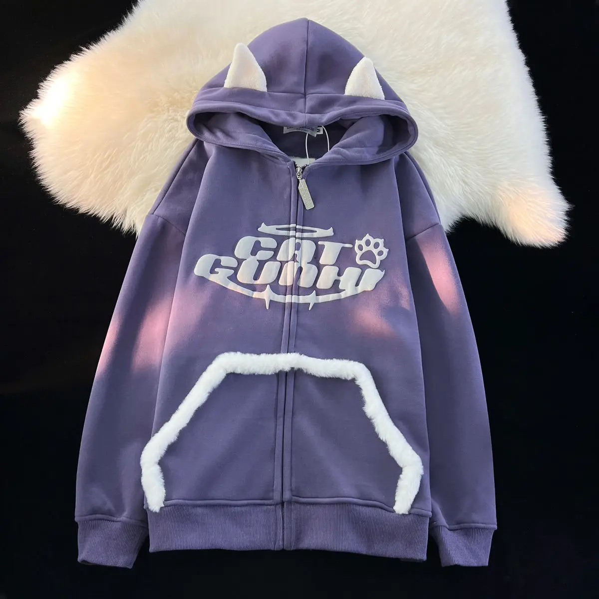 

Letter Thick Hoodies Women Winter Casual Oversized Polar Fleece Hooded Sweatshirt Female Vintage Zipper Hoodie Streetwear