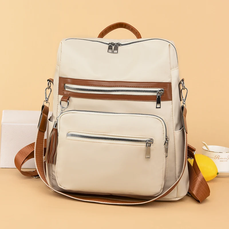 

Fashion Casual Women Backpack Tassel Decoration Girls School Bag Colorblock Design High Quality PU Leather Simple Travel Bag