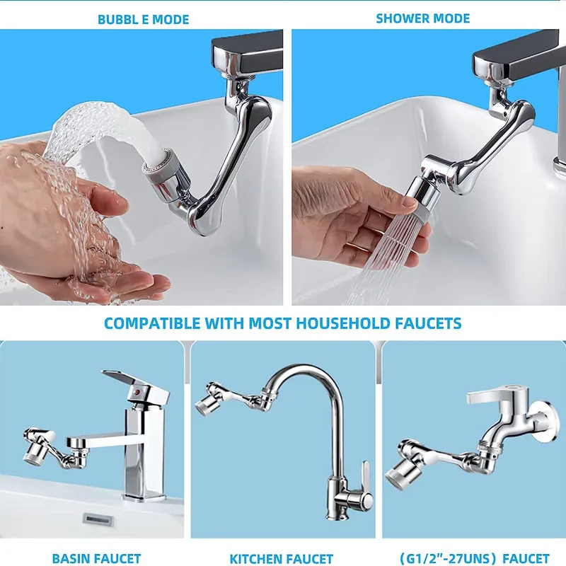 Faucet Aerator 1440&deg; Swivel Antisplash Plastic Kitchen Tap Extend Water Nozzle 22/24mm Adaptor Bubbler Robotic Arm