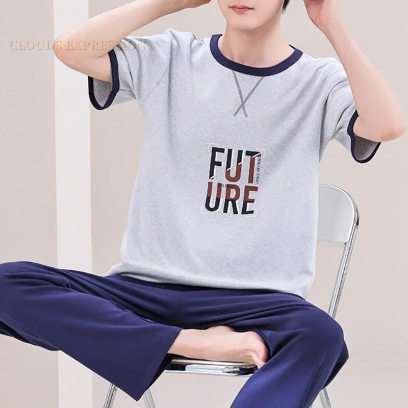 Men Summer Elegant Knited Plaid Pyjamas Set Long Pants Sleepwear Pyjamas Night Suits Plus Size 5XL Homewear PJ