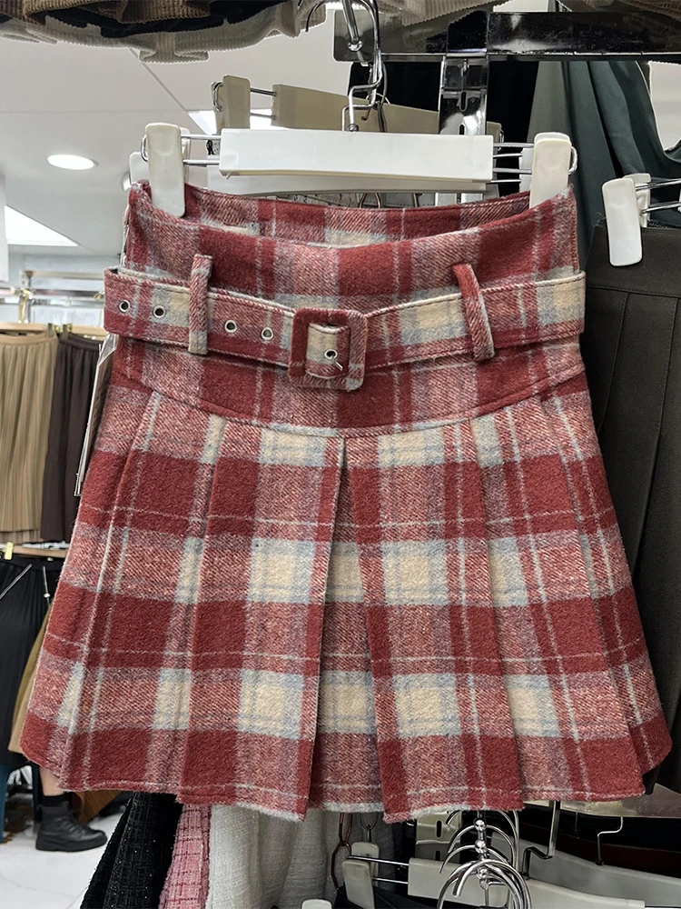 Y2K Woolen Plaid Short Skirt for Women Student 2023 Autumn and Winter New Preppy Style A- Line Belted Pleated Mini Skirts Woman