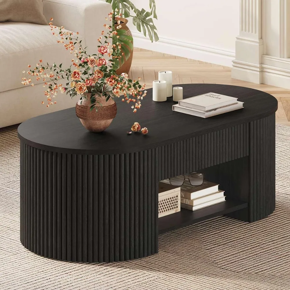 Modern Wood Fluted Coffee Table with Drawer & Shelf, Mid-Century Oval Living Room Storage Center Table (Black)