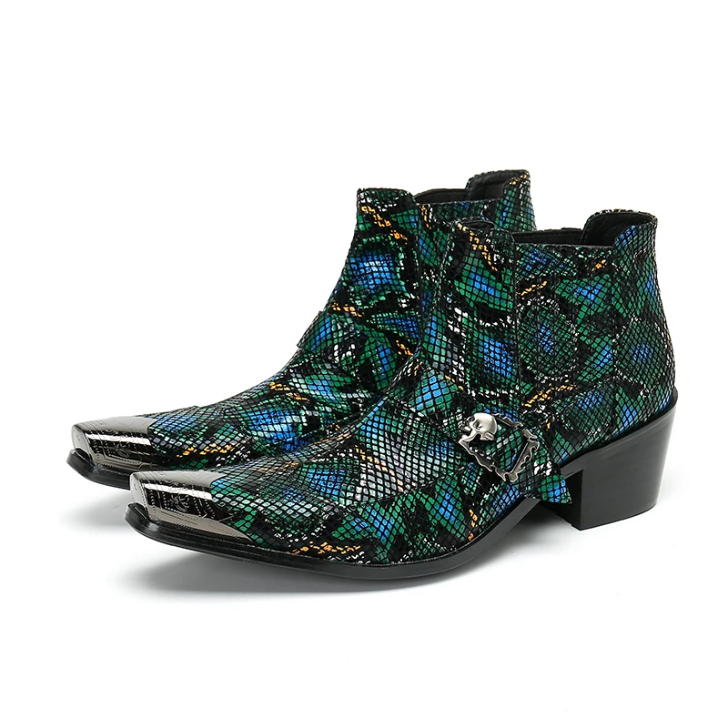 Winter Fashion Men Party Ankle Boots Snakeskin Printing Mens Leather Boots Buckle Strap Male High Heel Short Boots