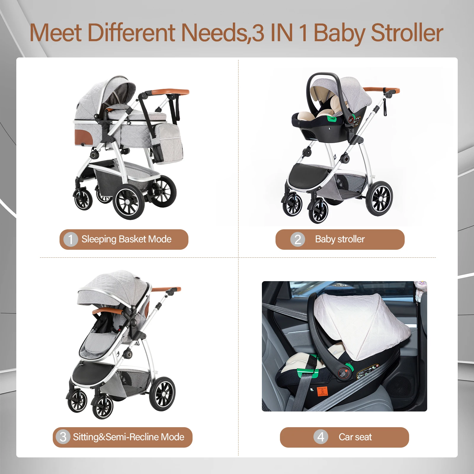 Kinderwagen, 3-in-1, tragbar, für Reisen, luxuriöser Kinderwagen, hoher Landschafts-Aluminiumrahmen, multifunktionaler Kinderwagen, Autositz – Detail 2