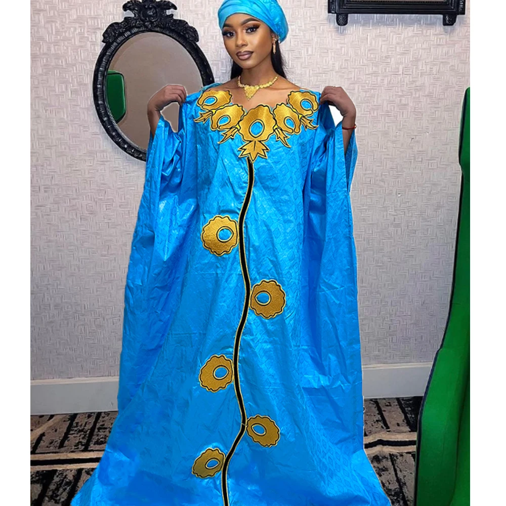 

High Quality African Women Bazin Riche Dresses With Headscarf Embroid Stone Nigerian Traditional Wedding Party Dashiki Basin Rob