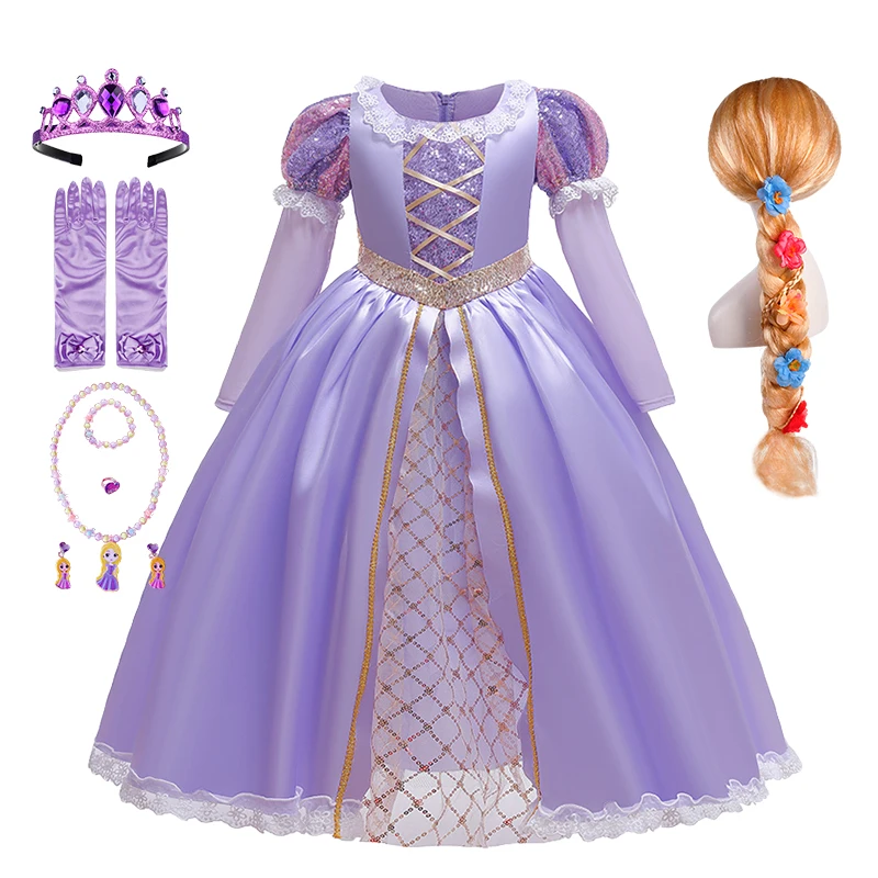 High Quality Girl Rapunzel Wig + Princess Dress Halloween Child Sleeping Beauty Cosplay Sofia Tulle Tutu Ball Gown Kids Clothing dresses expensive Dresses