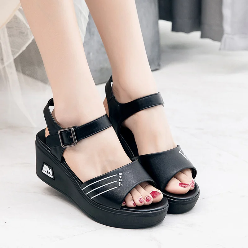 Black Open Toe Wedges Heel Sandals Women's New 2024 Summer Fashion Anti-slip Soft Leather Sole Mother High Heel Sandals