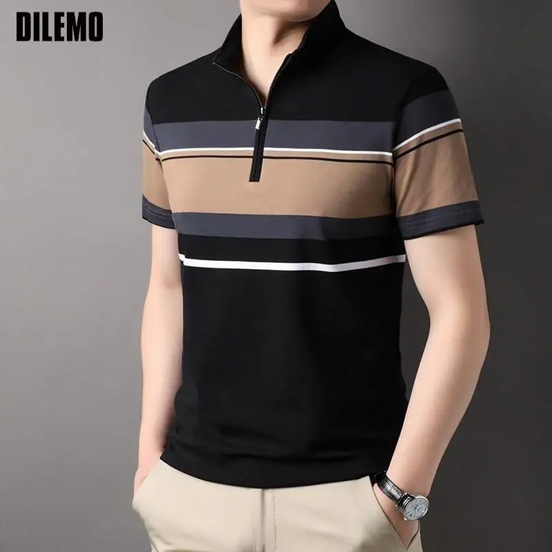 

Top Grade Yarn-dyed Process Cotton Zipper New Summer Brand Polo Shirt Striped Short Sleeve Casual Tops Fashions Clothes Men