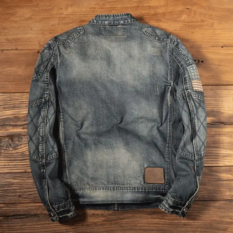 Luxury retro standing collar denim jacket for men's spring and autumn trendy brand loose oversized motorcycle jacket