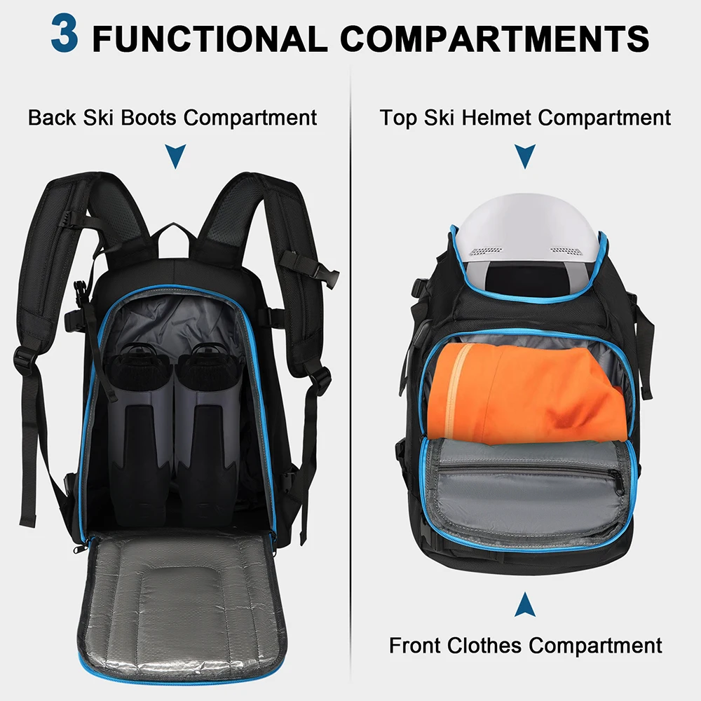 Travel Ski Boot Bag Backpack 50L Large Capacity Waterproof for Snowboard Boots Helmet Goggles Hang Skis Dry Wet Separation 3