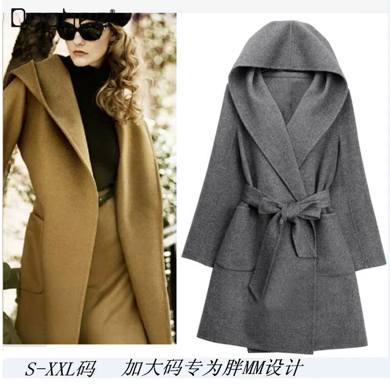 Fall Winter Clothes Female Streetwear Mid-length Hooded Wool Coat Elegant Double-Sided Velvet Lace-up Woolen Jackets for Women wool scarf women double sided winter women cashmere scarf pashmina shawls and wraps female foulard hijab wool stoles scarves