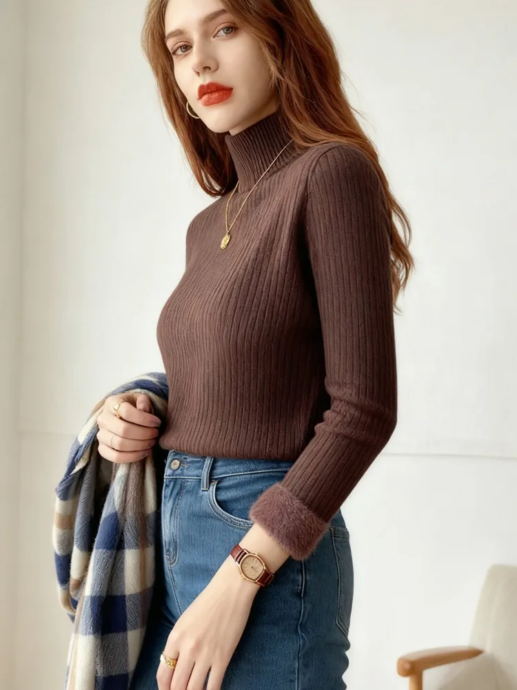 Autumn and Winter Warm Integrated Velvet Women's Half Hight Collar Long-sleeved Slim-fit Sweater Knitwear Casual Bottoming Shirt