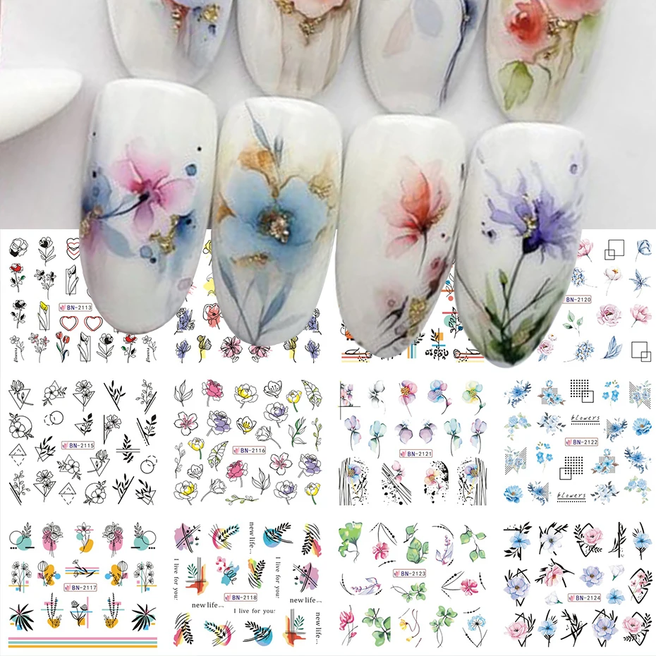 Nail Stickers 12pcs Geometry Flower Leaf Line Graffiti Painted Colorful Water Decal Link Blooming Slider for Nail Decoration