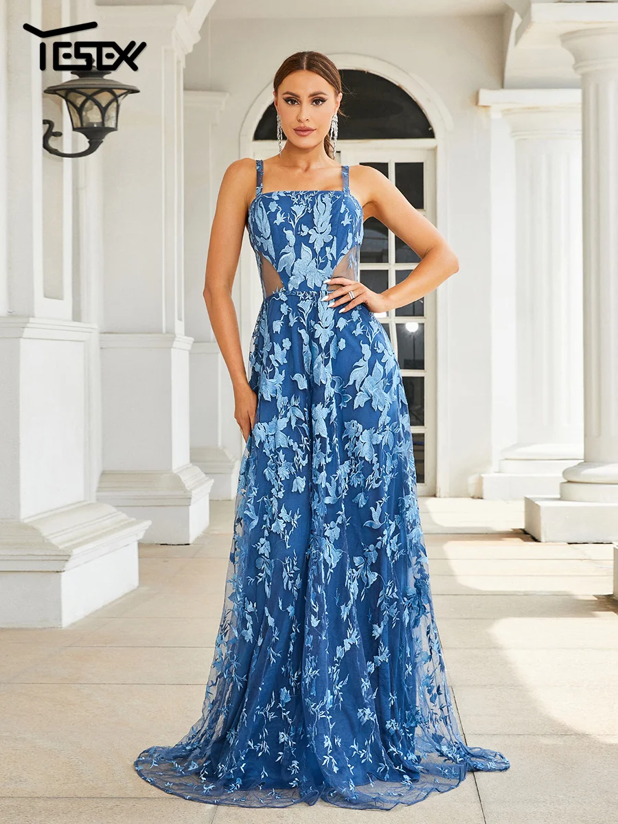 

Yesexy Blue New Wedding Birthday Elegant Beautiful Women Dress Spaghetti Cutout Floral A Line Prom Party Floor Length Dress