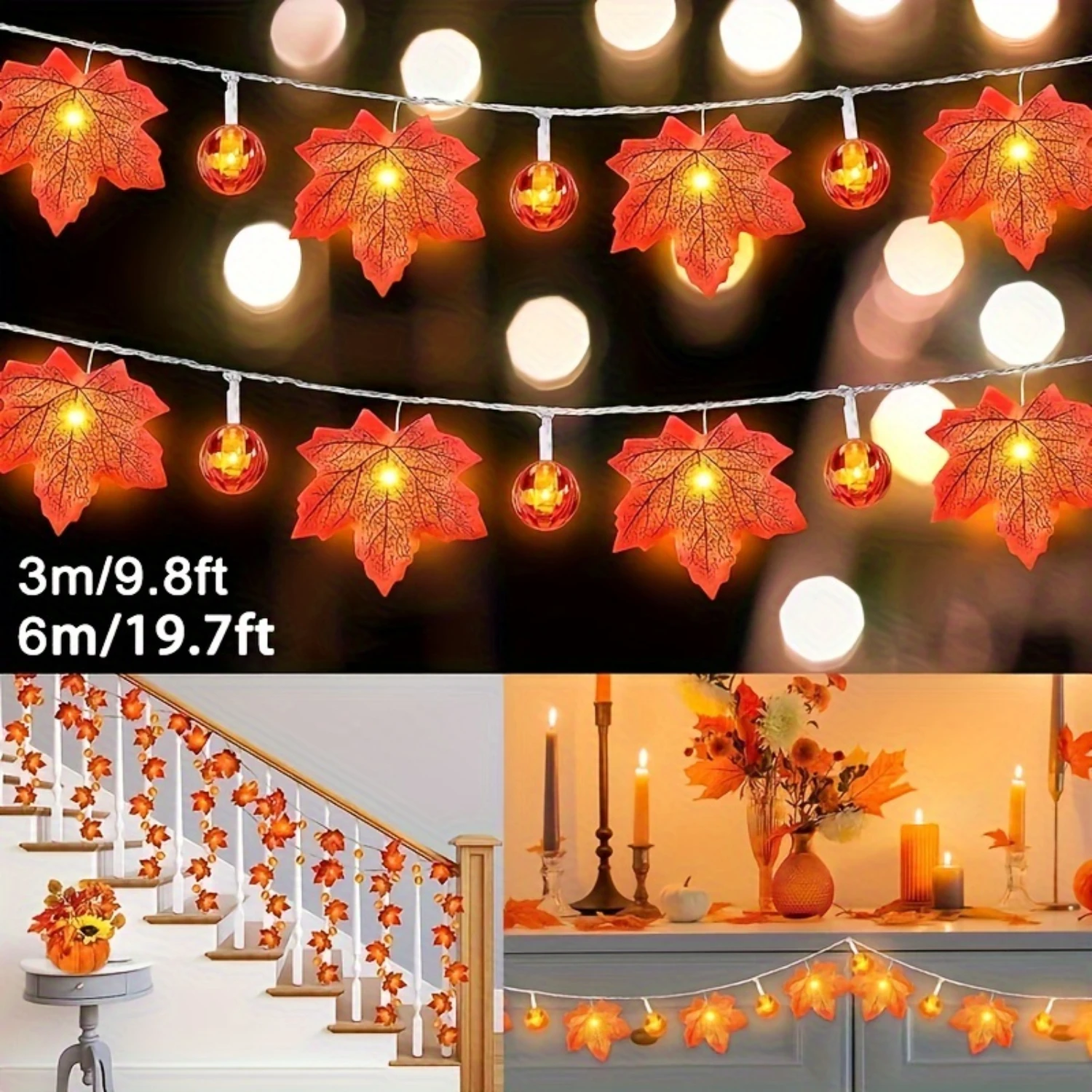 Description Picture 3 of item3/6M Autumn Maple Leaf Pumpkin Lights 20/40 LEDS Battery Fairy String Lamp for Bedroom Home Party Halloween Christmas Decoration