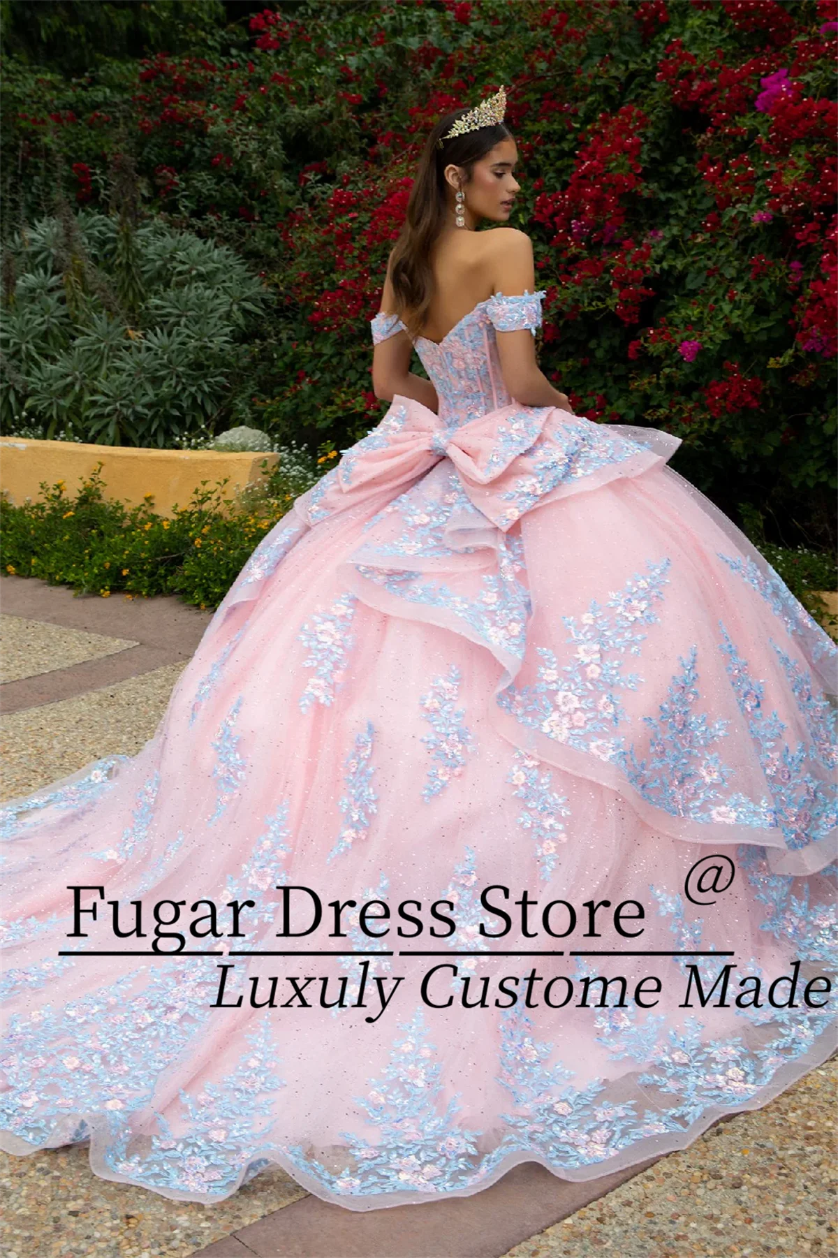 Blush Pink Quinceanera Dresses Embroidered applique long off shoulder dress A-line layered skirt