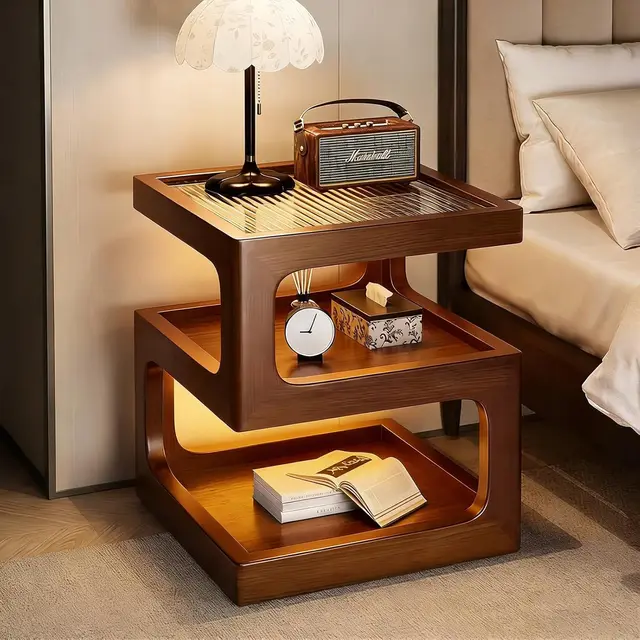 Solid Wood Nightstand with LED Light, Modern 3 Tier Bedside Table with Open Storage, Small Side Table for Bedroom, Customized