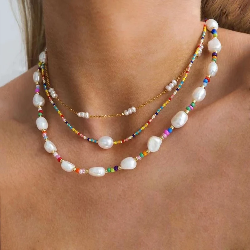 

Bohemian Colorful Rice Beads Irregular Pearl Mixed Necklace 2023 Spring New Fashion Matching Neck Accessories Gift
