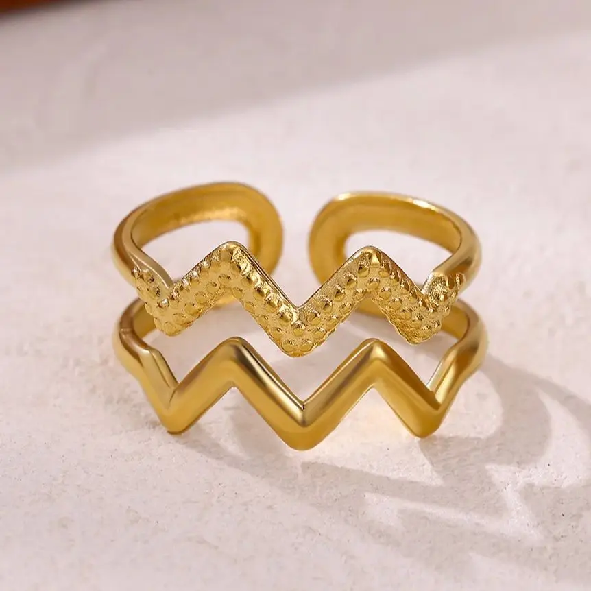 Fashion Geometric Double Wave Rings for Women Gold Color Stainless Steel