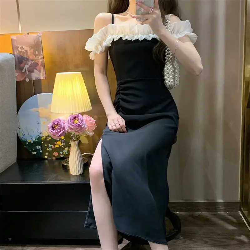 One-shoulder Suspender Green Dress for Women in Summer 2025 New French Gentle Temperament Slim Slit Skirt 6