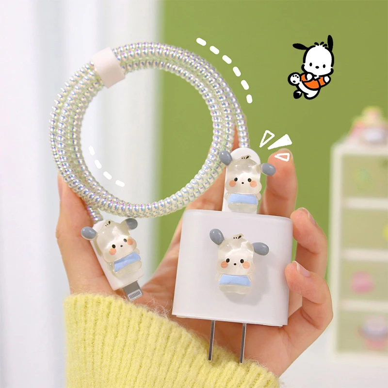 

Cute Pochacco Charger Protective Cover Sanrio Kuromi Cinnamoroll Apple 18 20W Charging Head Data Cable Protection Case Toy Gifts